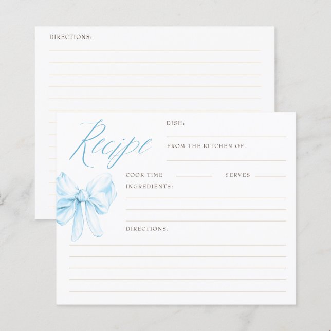 Dusty Blue Bow Elegant Bridal Shower Recipe Cards (Front/Back)