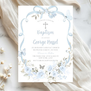 Dusty Blue Bow Floral Baptism Invitation