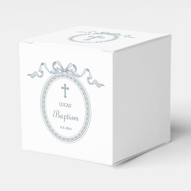 Dusty Blue Bow Greek Frame Baptism Cube Favor Box (Front Side)