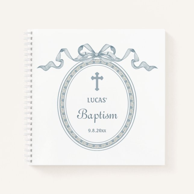 Dusty Blue Bow Greek Frame Baptism Guest Book (Front)