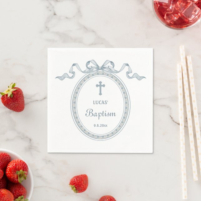 Dusty Blue Bow Greek Frame Baptism Napkin (Insitu)