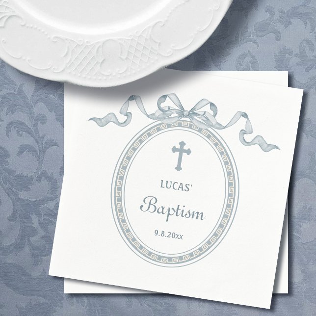 Dusty Blue Bow Greek Frame Baptism Napkin (Creator Uploaded)