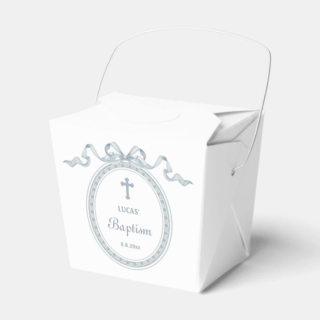 Dusty Blue Bow Greek Frame Baptism Take Out Favor Box (Front Side)