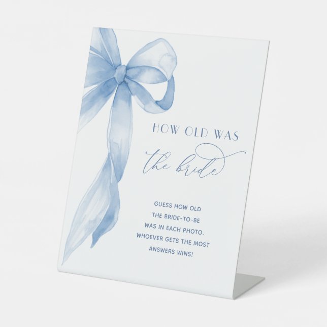 Dusty Blue Bow How Old Was The Bride Bridal Shower Pedestal Sign (Front)