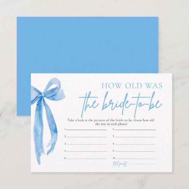 Dusty Blue Bow How Old Was The Bride To Be Game Invitation (Front/Back)