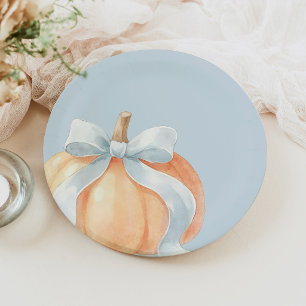 Dusty Blue Bow Pumpkin Baby Shower Paper Plate