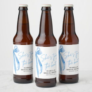 Dusty Blue Bow She's Tying the Knot Bridal Shower  Beer Bottle Label