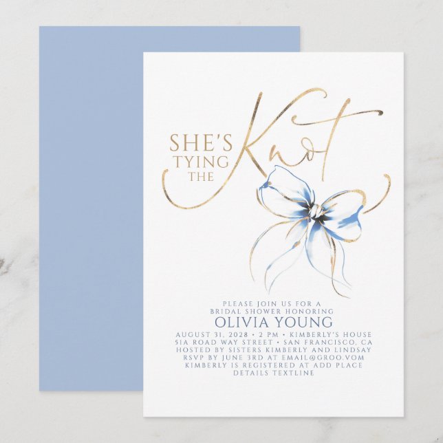 Dusty Blue Bow She's Tying The Knot Bridal Shower Invitation (Front/Back)