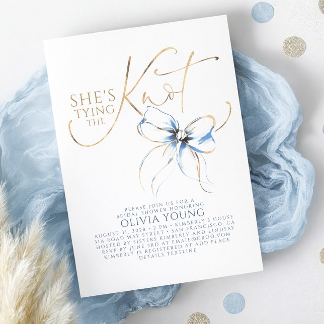 Dusty Blue Bow She's Tying The Knot Bridal Shower Invitation (Dusty Blue Bow Bridal Shower Invitation Romantic Elegant Calligraphy with French Vintage Ribbon)