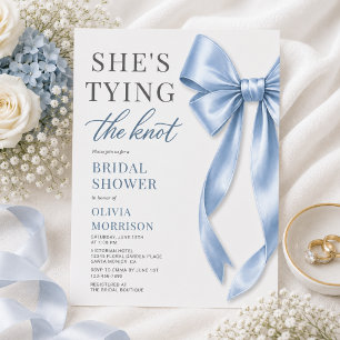 Dusty Blue Bow She's Tying the Knot Bridal Shower Invitation