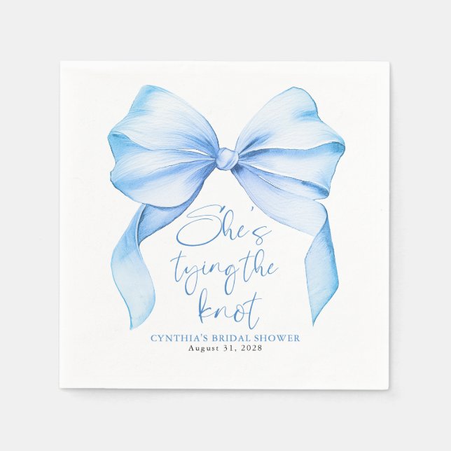 Dusty Blue Bow She's Tying the Knot Bridal Shower Napkin (Front)