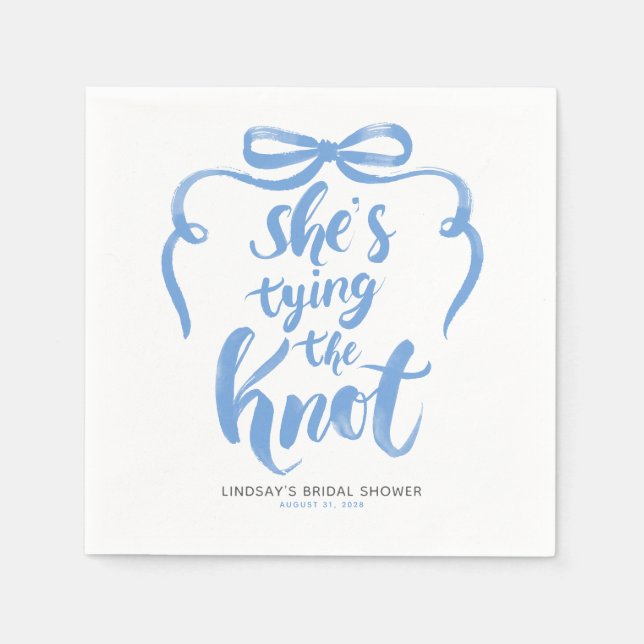 Dusty Blue Bow She's Tying the Knot Bridal Shower Napkin (Front)