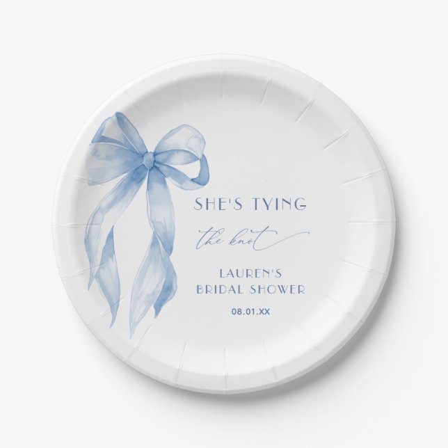 Dusty Blue Bow She's Tying The Knot Bridal Shower Paper Plate (Front)