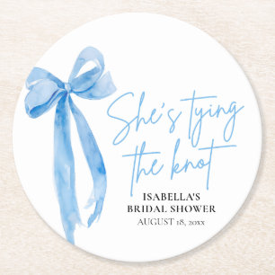 Dusty Blue Bow She's Tying the Knot Bridal Shower Round Paper Coaster