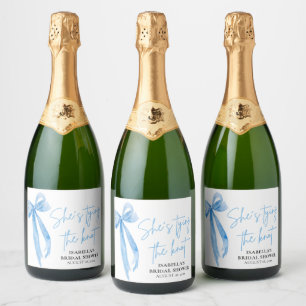 Dusty Blue Bow She's Tying the Knot Bridal Shower  Sparkling Wine Label