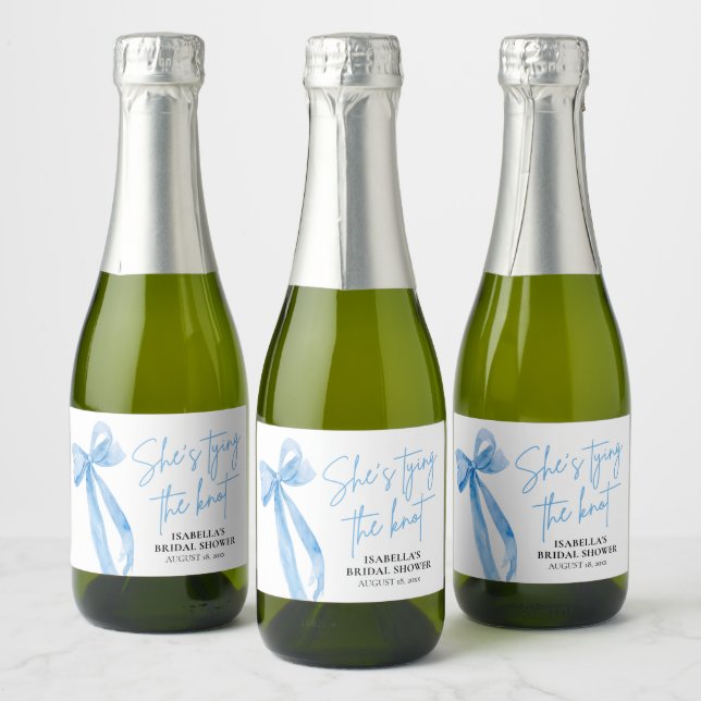Dusty Blue Bow She's Tying the Knot Bridal Shower  Sparkling Wine Label (Bottles)