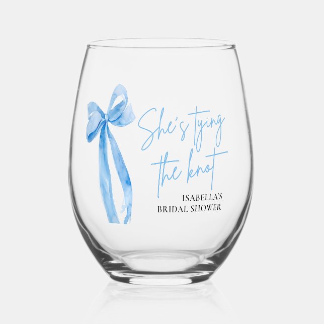 Dusty Blue Bow She's Tying the Knot Bridal Shower  Stemless Wine Glass (Front)