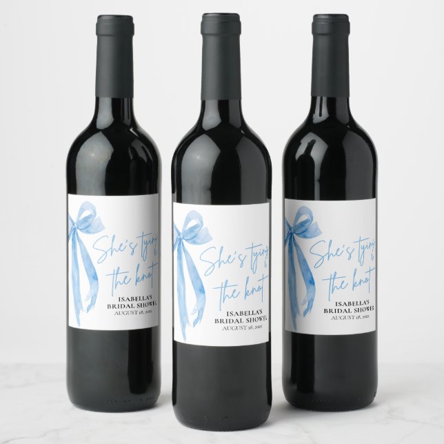 Dusty Blue Bow She's Tying the Knot Bridal Shower  Wine Label (Bottles)