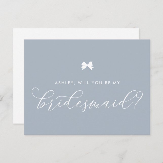Dusty Blue Bow Will You Be My Bridesmaid Card (Front/Back)