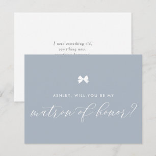 Dusty Blue Bow Will You Be My Matron of Honour Car Postcard