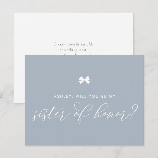 Dusty Blue Bow Will You Be My Sister of Honour Postcard (Front/Back)