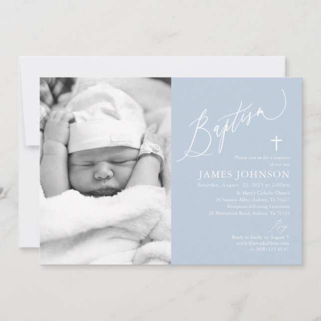 Dusty Blue Boy Baptême Photo Invitation (Devant)