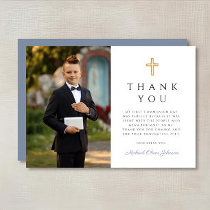 Dusty Blue Boy First Communion Cross Photo  Thank You Card