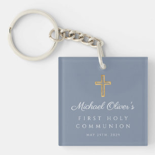 Dusty Blue Boy First Communion Photo Keychain