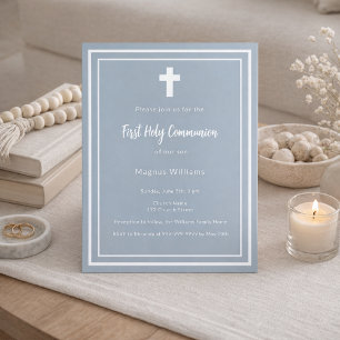 Dusty blue boy First Holy Communion invitation