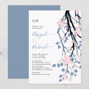 Dusty blue branch, blush flowers initials wedding invitation