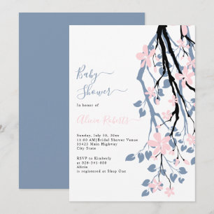 Dusty blue branch, pink flowers baby shower invitation