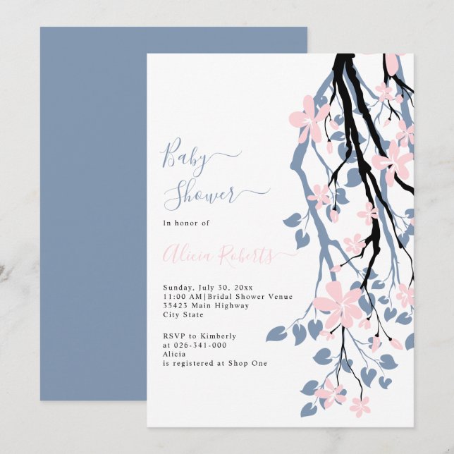 Dusty blue branch, pink flowers baby shower invitation (Front/Back)