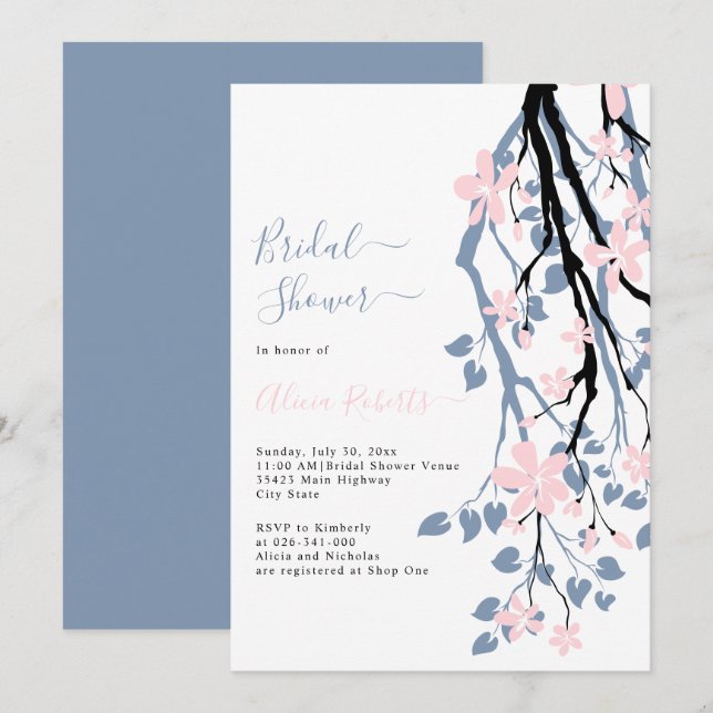 Dusty blue branch, pink flowers bridal shower invitation (Front/Back)