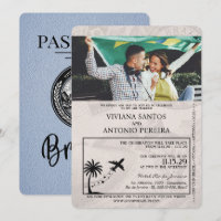 Dusty Blue Brazil Passport Wedding Invitation