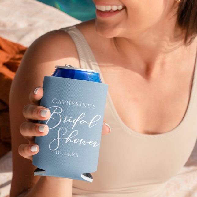 Dusty Blue Bridal Shower Personalized White Script Can Cooler (Creator Uploaded)