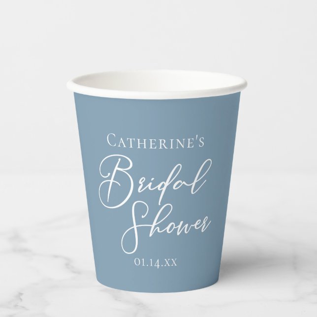 Dusty Blue Bridal Shower Personalized White Script Paper Cups (Front)