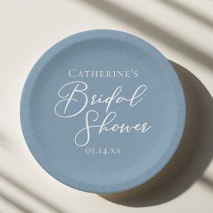 Dusty Blue Bridal Shower Personalized White Script Paper Plate