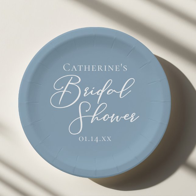 Dusty Blue Bridal Shower Personalized White Script Paper Plate (Creator Uploaded)