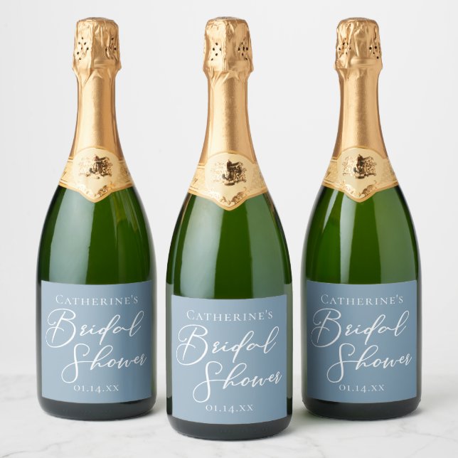 Dusty Blue Bridal Shower Personalized White Script Sparkling Wine Label (Bottles)