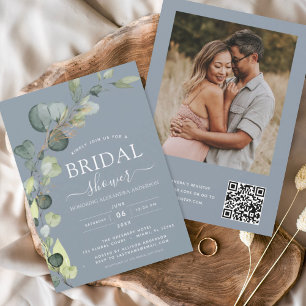 Dusty Blue Bridal Shower QR Code Photo Eucalyptus Invitation