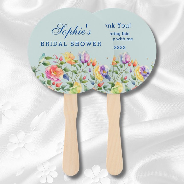 Dusty Blue Bright Roses Bridal Shower Thank You Hand Fan (Creator Uploaded)