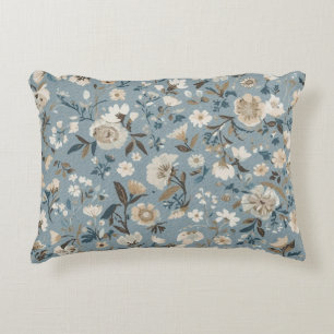 Dusty Blue Brown Cream Cottage Floral Accent Pillow