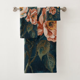 Dusty Blue Brown Cream Cottage Floral Bath Towel Set