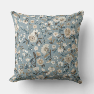 Dusty Blue Brown Cream Cottage Floral Throw Pillow