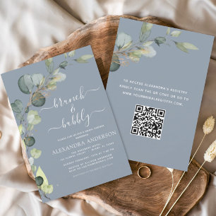 Dusty Blue Brunch & Bubbly QR Code Eucalyptus Invitation