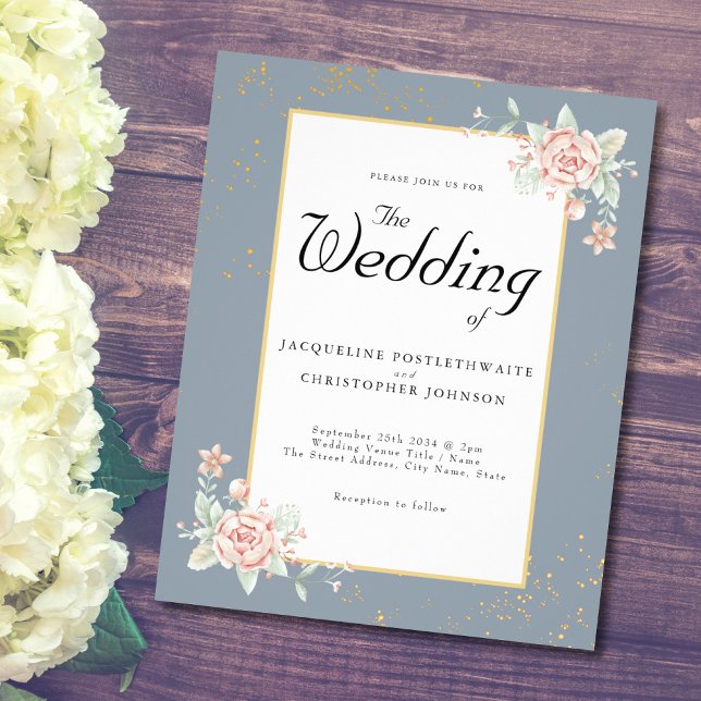 Dusty Blue Budget Wedding Invitation Pink Peony Flyer (Creator Uploaded)