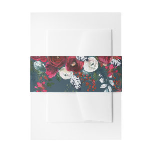 Dusty Blue Burgundy Bloom Wedding Invitation Belly Band