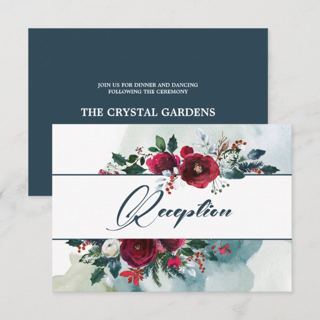 Dusty Blue | Burgundy Bloom Wedding Reception Card (Front/Back)