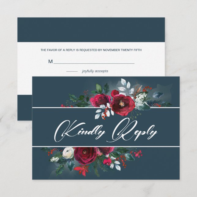 Dusty Blue | Burgundy Bloom Wedding RSVP Card (Front/Back)