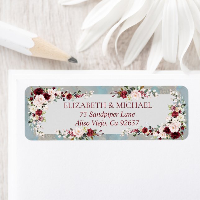 Dusty Blue Burgundy Blush Floral Adresse de retour (En situation)